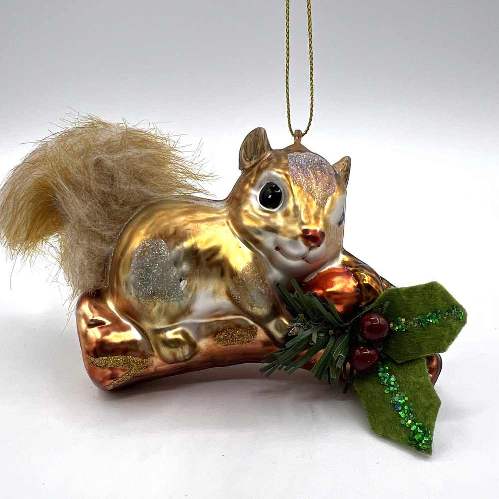 Squirrel On Branch Blown Glass Christmas Ornament, Faux Fur Tail, Holly Leaves
